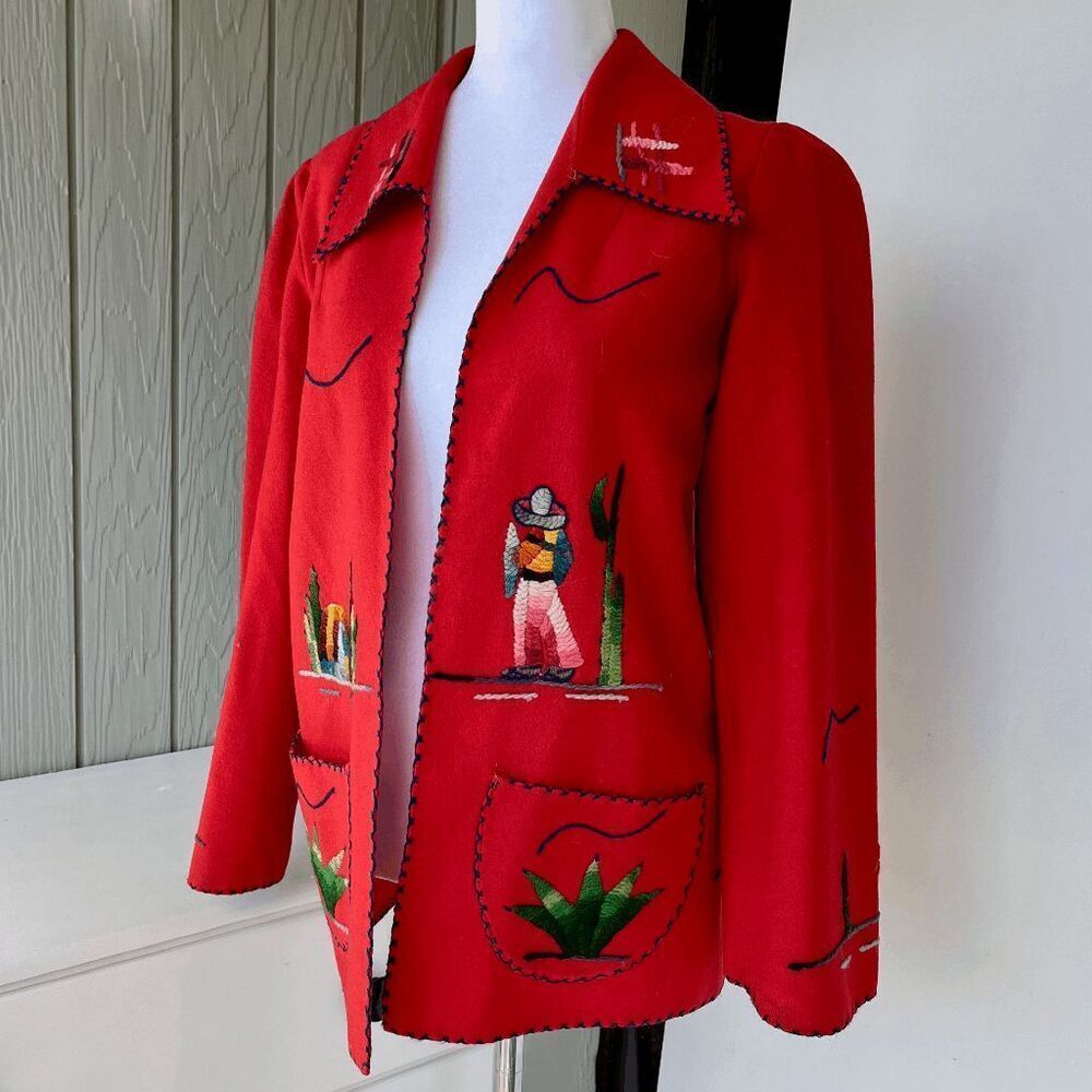 VTG 1940s Mexican Embroidered Wool Jacket Hand-Dyed Yarn, Folk Art, Red Wool S - Picture 13 of 15